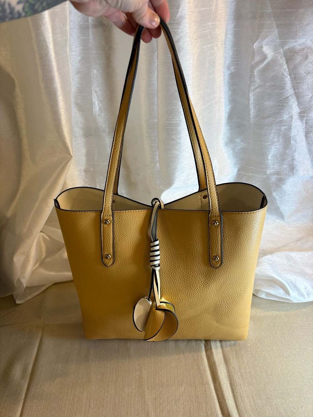Reversible Yellow and White Faux Leather Tote Bag with Tassel Charm